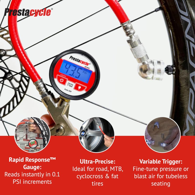 Prestacycle Prestaflator Digital Bicycle Tyre Inflator - Portable Digital Gauge, High Precision Presta & Schrader Air Compressor Tool, Variable-Rate Trigger, Aluminum, Tubeless Tire Inflation & Pressure Checker - Image 4